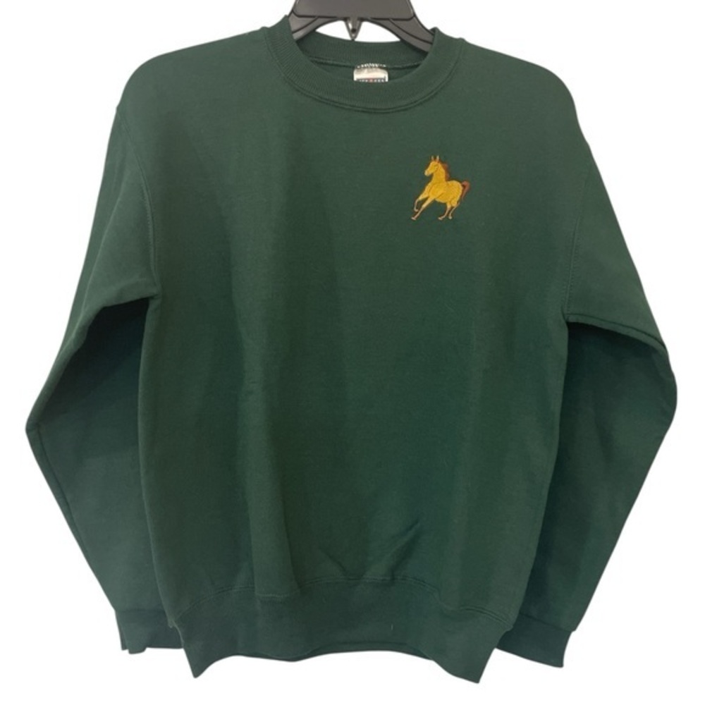 Jerzees Green Crewneck Equestrian Sweater with Embroidered Horse Kids Large